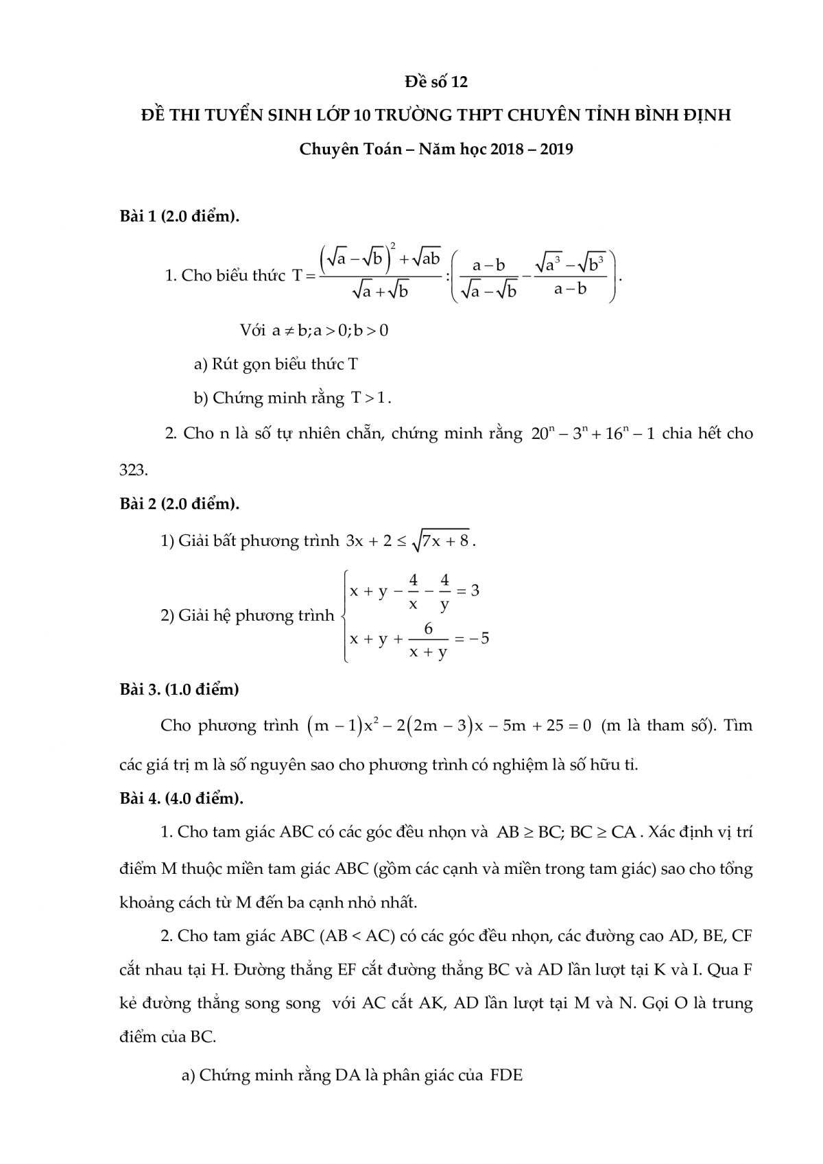 Đề thi tuyển sinh vào lớp 10 chuyên toán năm học 2018 - 2019