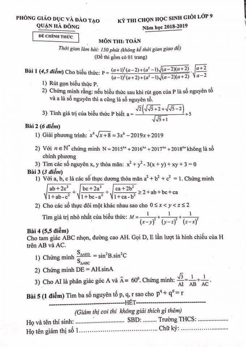 Đề thi chọn HSG lớp 9 môn Toán quận Hà Đông năm 2018