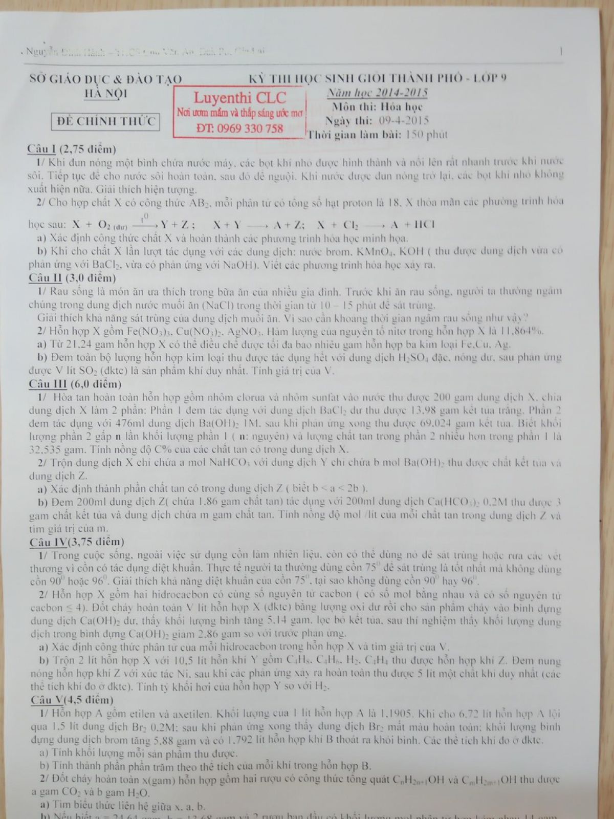 Đề thi HSG th&agrave;nh phố m&ocirc;n H&oacute;a Học lớp 9 tại H&agrave; Nội năm 2015
