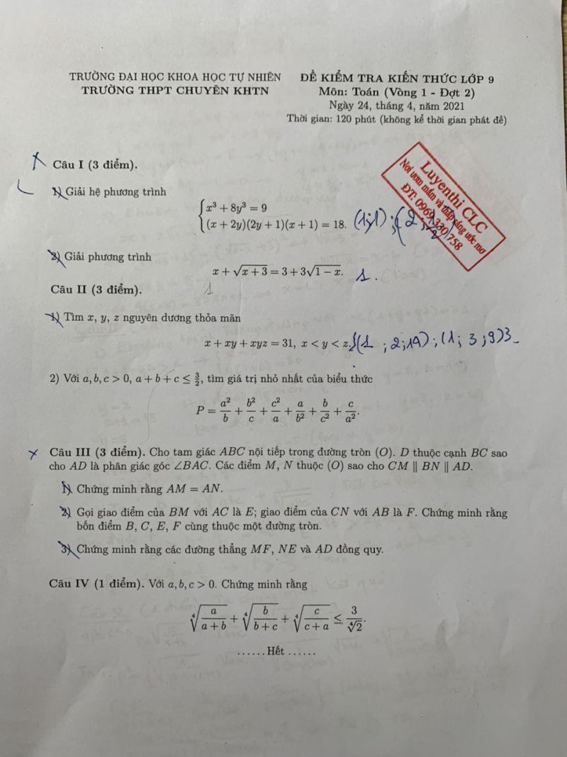 Đề kiểm tra kiến thức lớp 9 m&ocirc;n To&aacute;n v&agrave; đ&aacute;p &aacute;n Trường THPT CHUY&Ecirc;N KHTN năm 2021