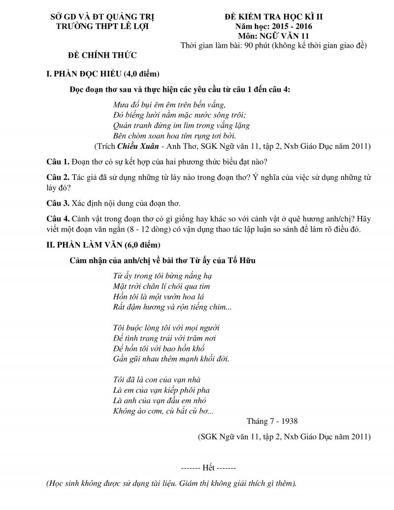 Đề kiểm tra học kì II môn Ngữ Văn lớp 11 Trường THPT Lê Lợi tỉnh Quảng Trị năm 2015