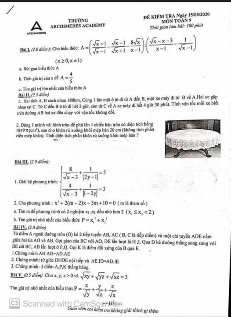 Đề kiểm tra môn Toán 9 Trường Archimedes Academy, ngày 15/05/2020
