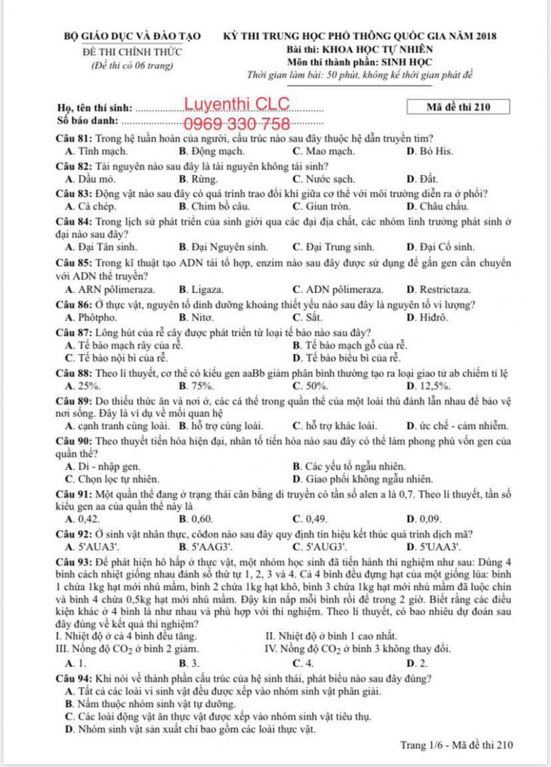 Đề thi m&ocirc;n Sinh  -  THPT Quốc gia năm 2018