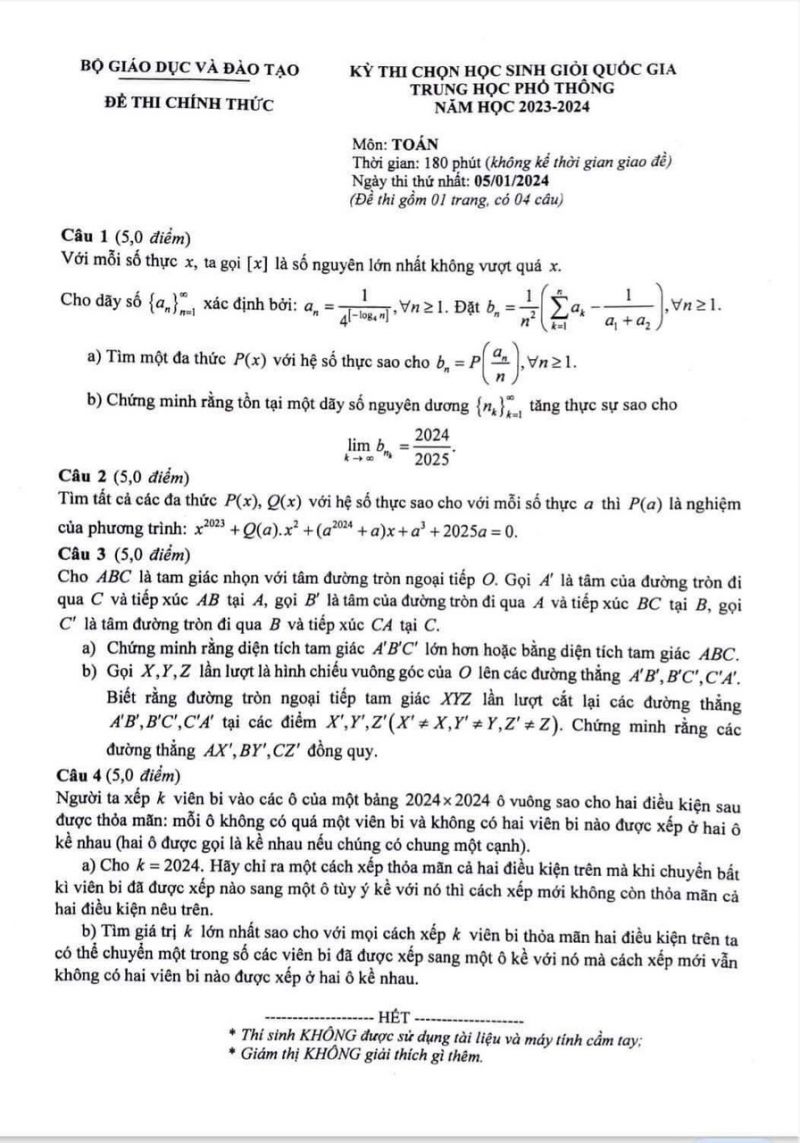 Đề thi chọn HSG quốc gia THPT môn Toán năm 2023