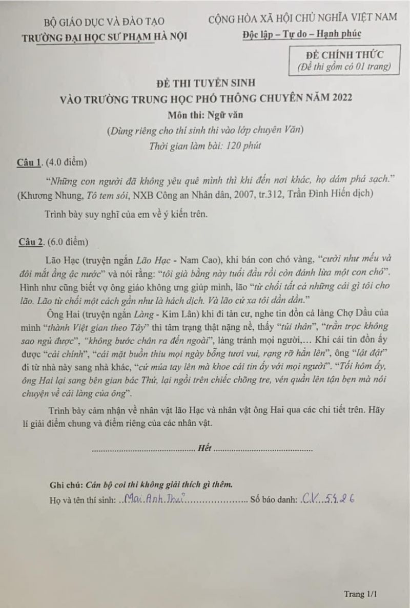 Đề thi tuyển sinh vào lớp 10 môn Ngữ Văn Trường THPT CHUYÊN Đại học Sư phạm Hà Nội năm 2022