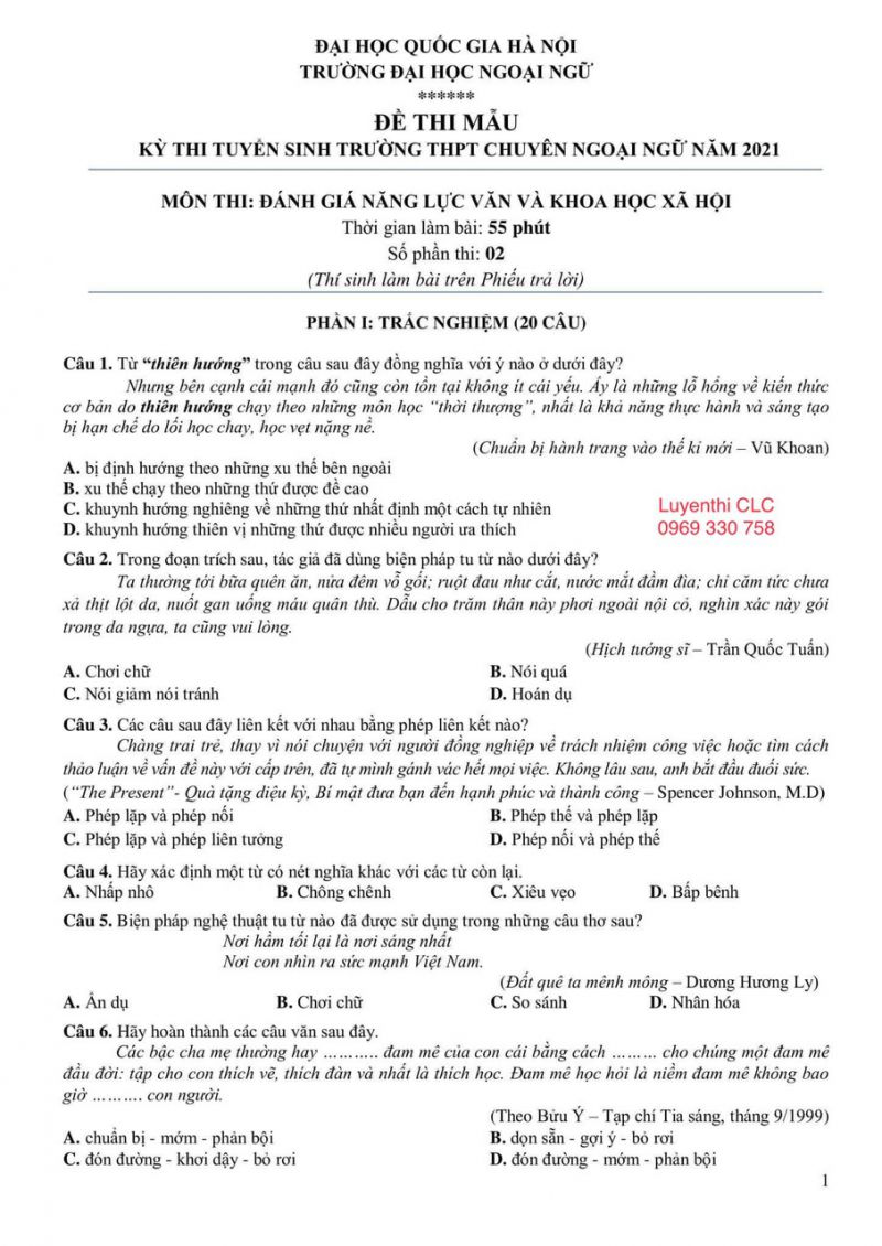 Đề thi tuyển sinh mẫu môn Ngữ Văn Trường THPT CHUYÊN Ngoại Ngữ, Hà Nội năm 2021