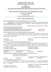 Đề thi tuyển sinh mẫu m&ocirc;n Ngữ Văn Trường THPT CHUY&Ecirc;N Ngoại Ngữ, H&agrave; Nội năm 2021