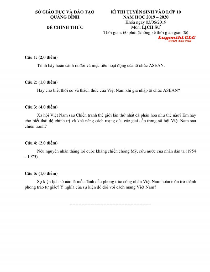 Đề thi tuyển sinh vào lớp 10 THPT môn Lịch Sử tỉnh Quảng Bình năm 2019