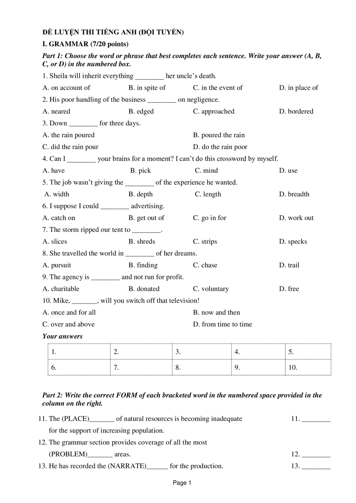 Đề luyện thi đội tuyển Tiếng Anh lớp 12