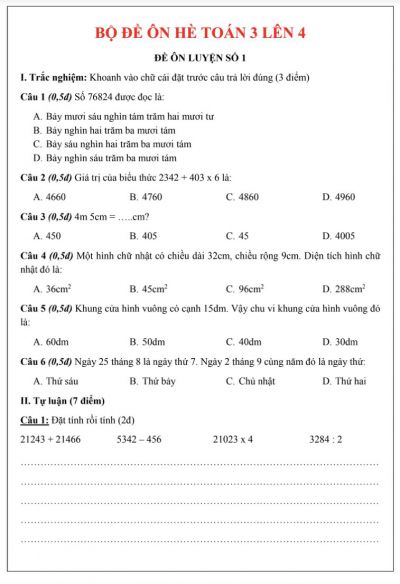Đề cương ôn tập hè môn Toán lớp 3 lên lớp 4