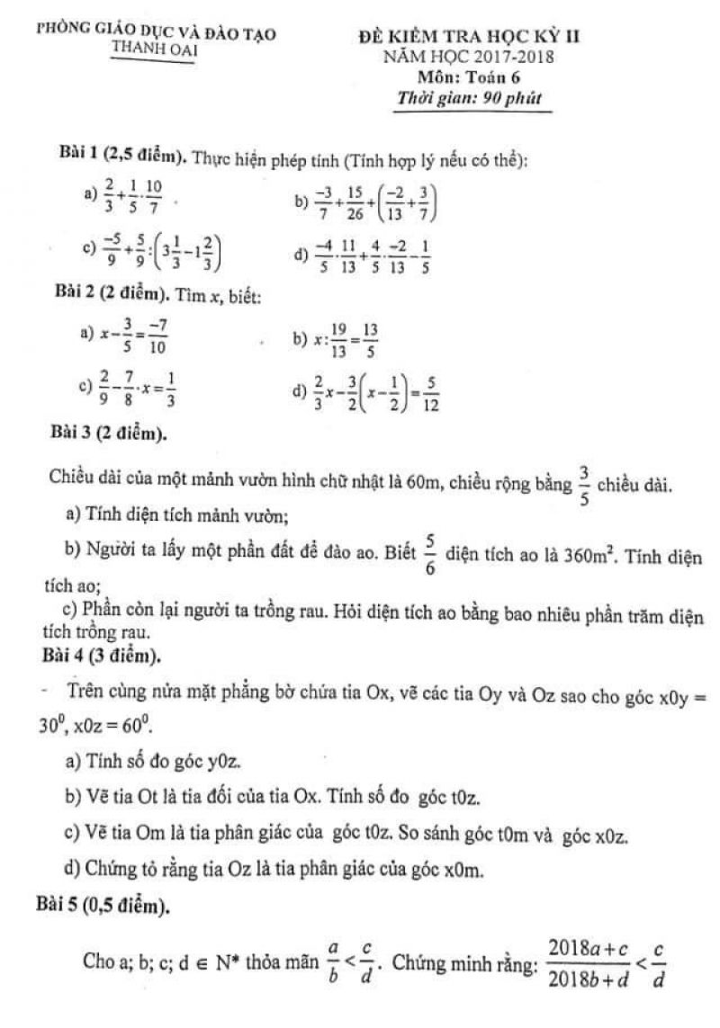 Đề kiểm tra học kì II môn Toán lớp 6 quận Thanh Oai, Hà Nội năm 2017