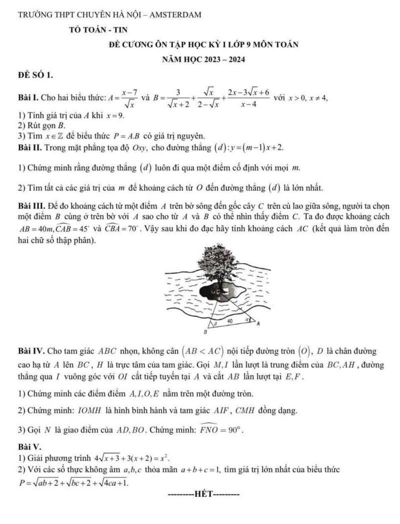 Đề cương ôn tập học kì I môn Toán lớp 9 Trường THPT Chuyên Hà Nội - Amsterdam năm 2023