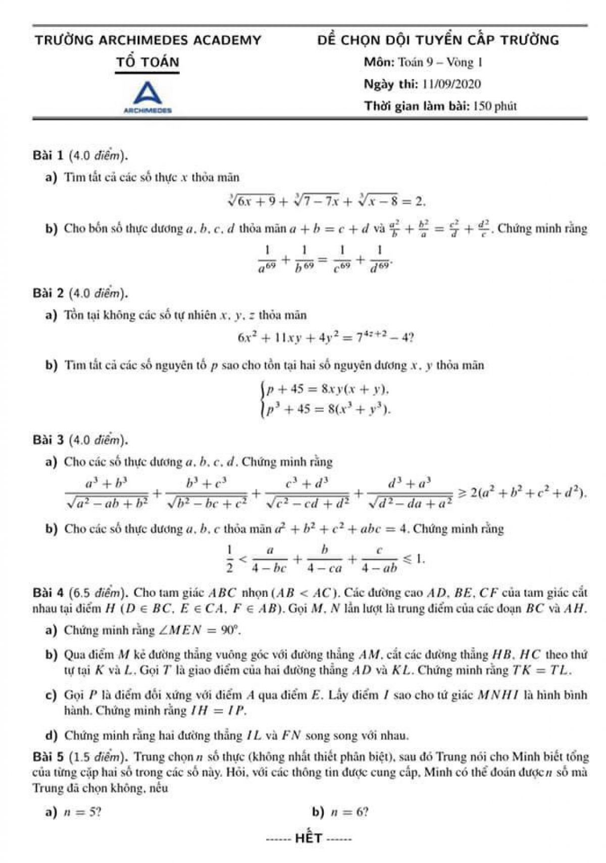 Đề chọn đội tuyển cấp trường m&ocirc;n To&aacute;n 9 - V&ograve;ng 1 Trường Archimedes Academy năm 2020
