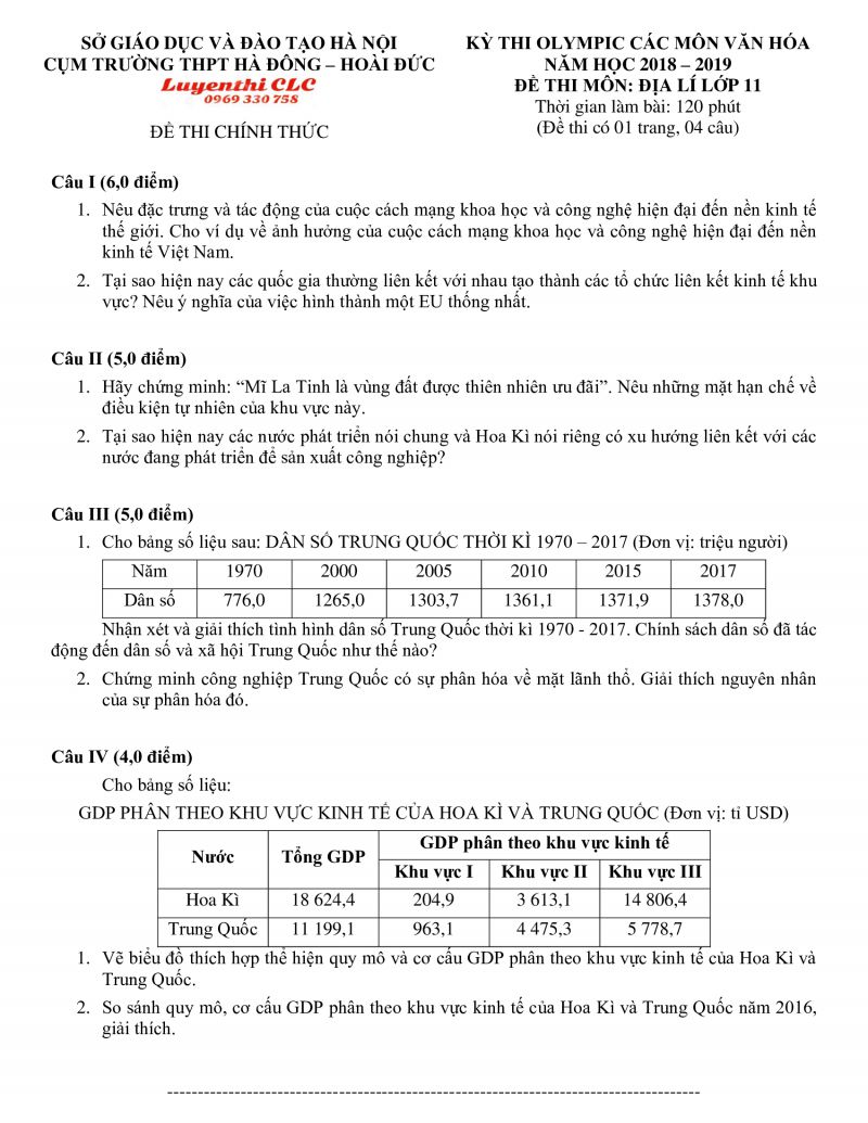 Đề thi Olympic Địa Lí 11 Trường THPT Hoài Đức, thành phố Hà Nội năm 2019