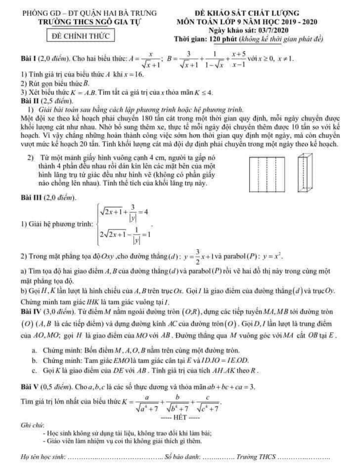 Đề khảo sát chất lượng môn Toán lớp 9 Trường THCS Ngô Gia Tự, quận Hai Bà Trưng, Hà Nội năm 2020