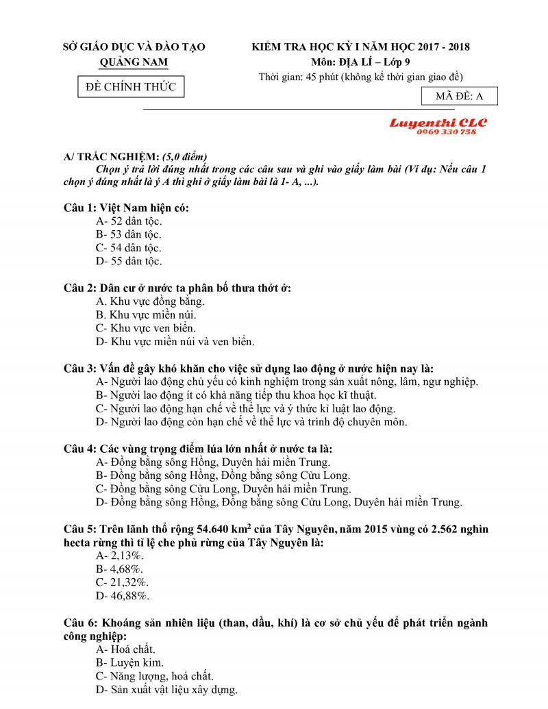 Đề kiểm tra học kì I và đáp án môn Địa Lý lớp 9 tỉnh Quảng Nam năm 2017