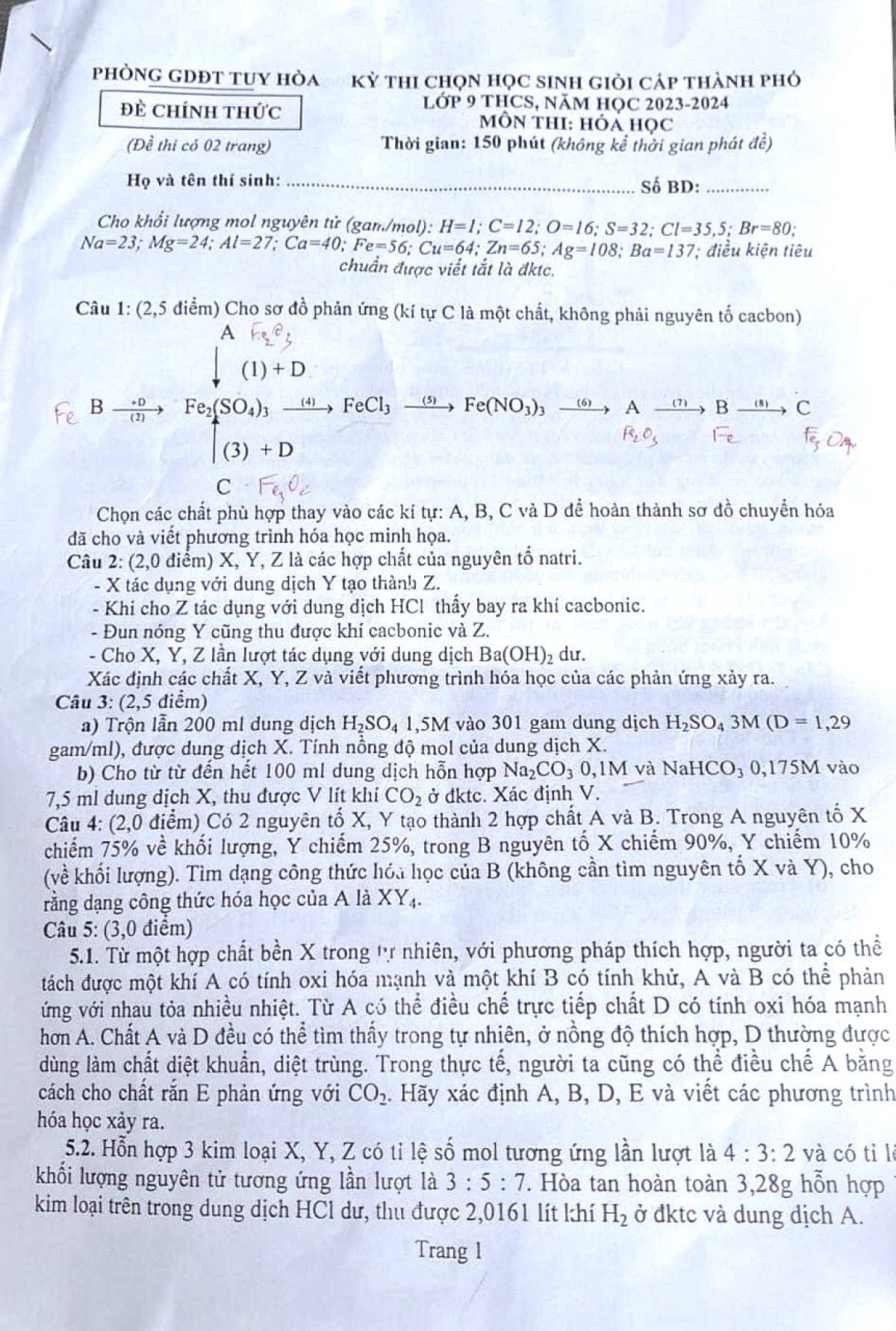 Đề thi chọn HSG môn Hóa Học lớp 9 tại Tuy Hòa tỉnh Phú Yên năm 2023