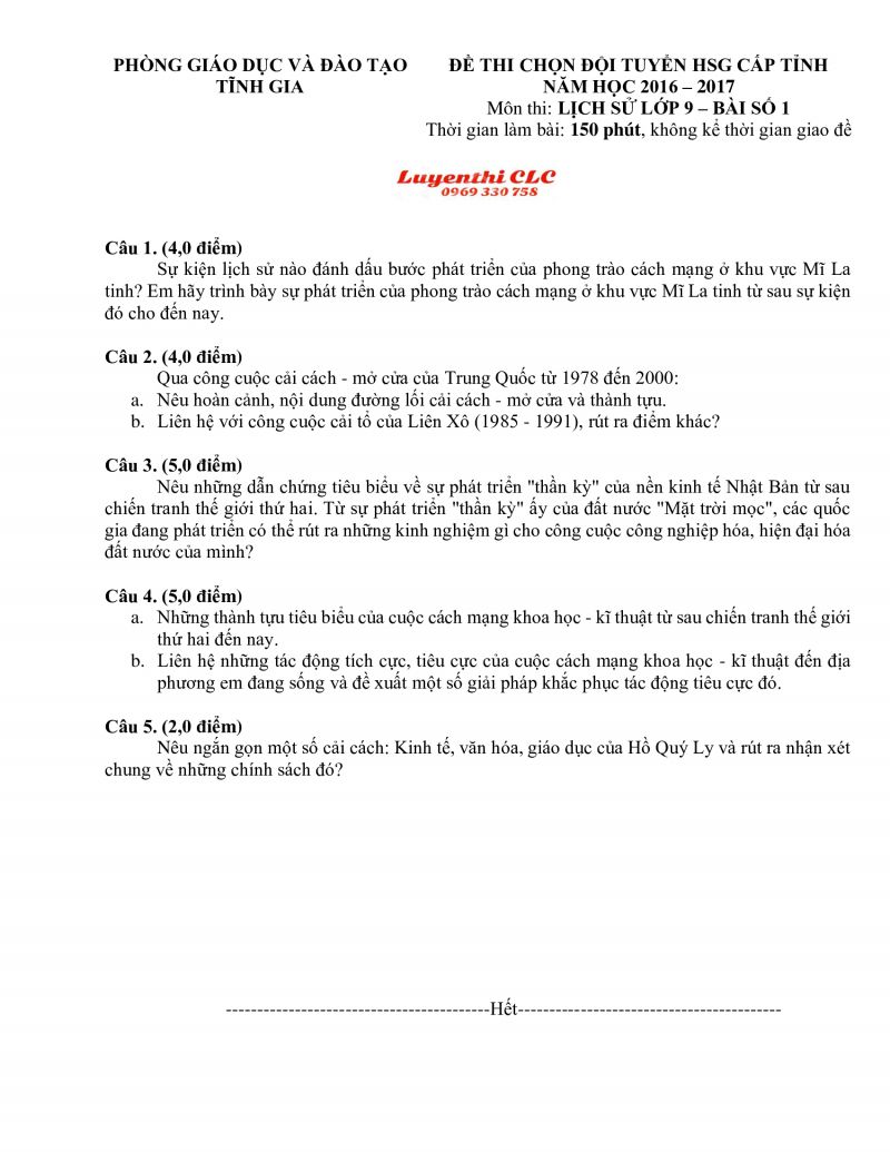 Đề thi chọn đội tuyển HSG cấp tỉnh môn Lịch Sử lớp 9 - Bài số 1 tỉnh Thanh Hóa năm 2016