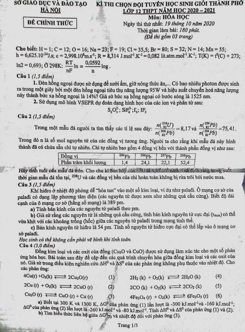 Đề thi chọn đội tuyển HSG thành phố lớp 12 THPT môn Hóa Học tại Hà Nội năm 2020