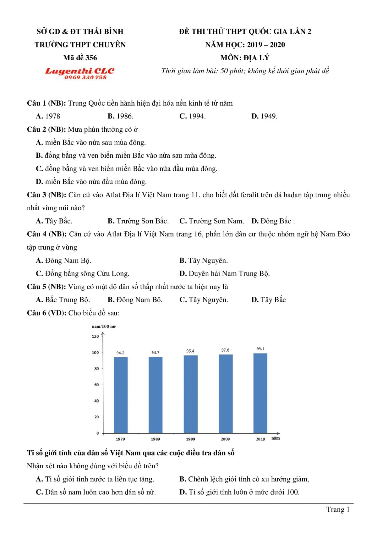 Đề thi thử THPT Quốc gia lần 2 môn Địa Lý Trường THPT CHUYÊN Thái Bình năm 2019
