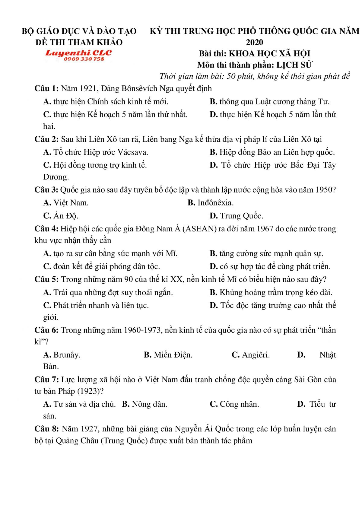 Đề thi THPT Quốc Gia môn Lịch Sử năm 2020 ( Đề tham khảo )