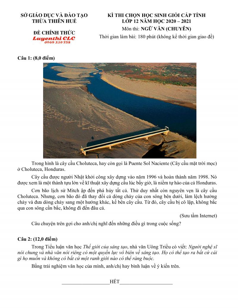 Đề thi chọn HSG môn Ngữ Văn lớp 12 tại Thừa Thiên Huế năm 2021