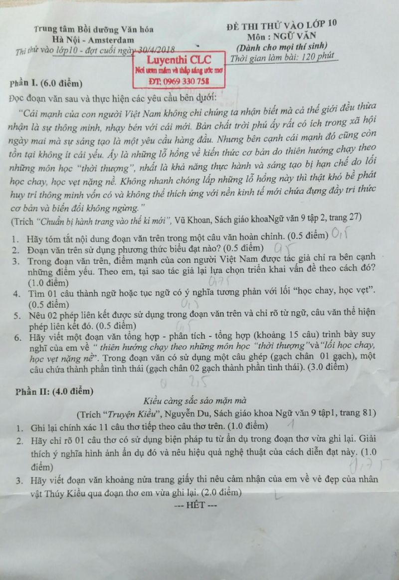 Đề thi thử vào lớp 10 môn Ngữ Văn tại Hà Nội năm 2018