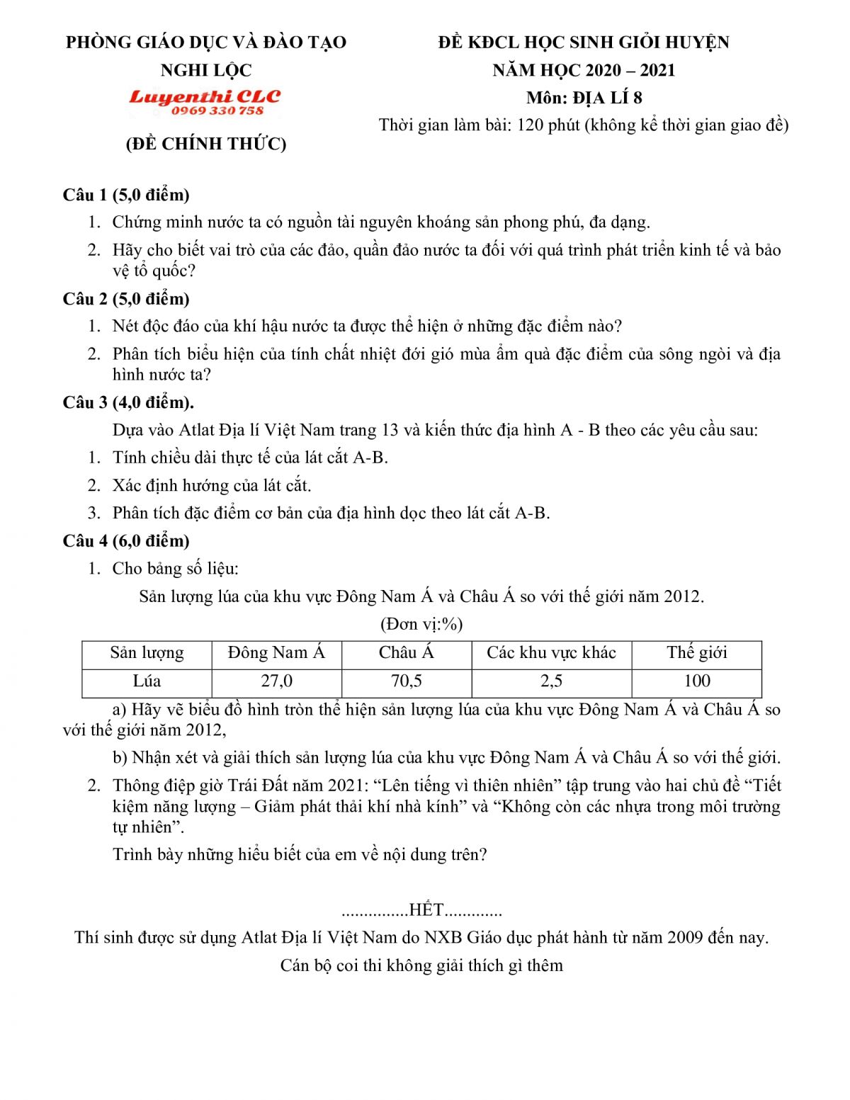 Đề KĐCL học sinh giỏi m&ocirc;n Địa L&iacute; lớp 8 tỉnh Nghệ An năm 2020