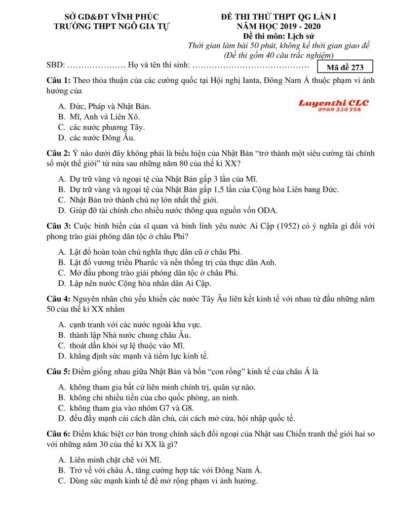 Đề thi thử THPT Quốc Gia lần 1 m&ocirc;n Lịch Sử - m&atilde; đề 273 tỉnh Vĩnh Ph&uacute;c năm 2019