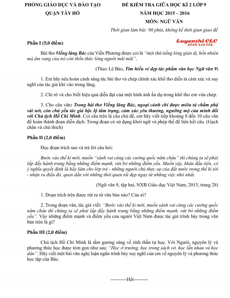 Đề kiểm tra giữa học k&igrave; II m&ocirc;n Ngữ Văn lớp 9 quận T&acirc;y Hồ năm 2015