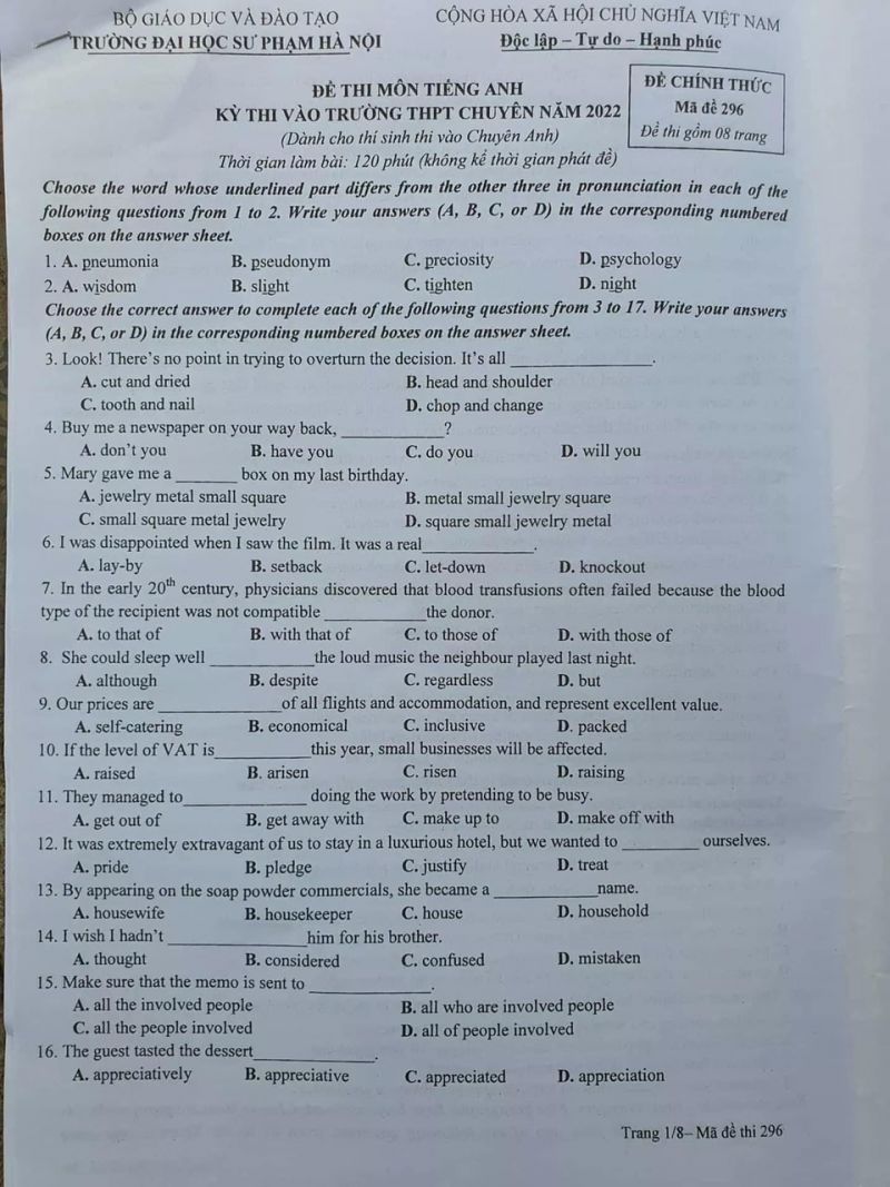 Đề thi tuyển sinh vào lớp 10 môn Tiếng Anh Trường THPT CHUYÊN Đại học Sư phạm Hà Nội năm 2022