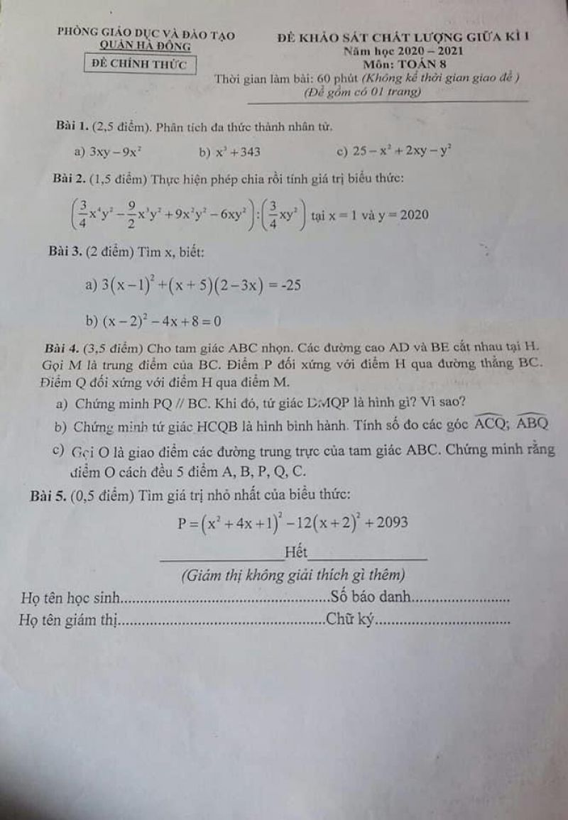 Đề khảo sát chất lượng giữa kì I môn Toán lớp 8 quận Hà Đông năm 2020