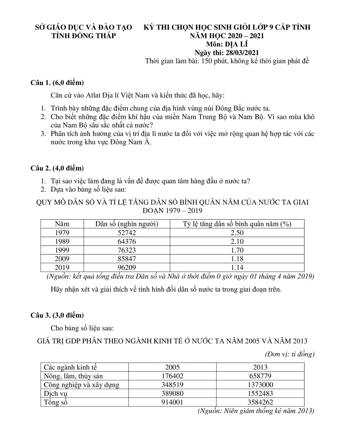 Đề thi chọn HSG m&ocirc;n Địa L&yacute; lớp 9 tỉnh Đồng Th&aacute;p năm 2021