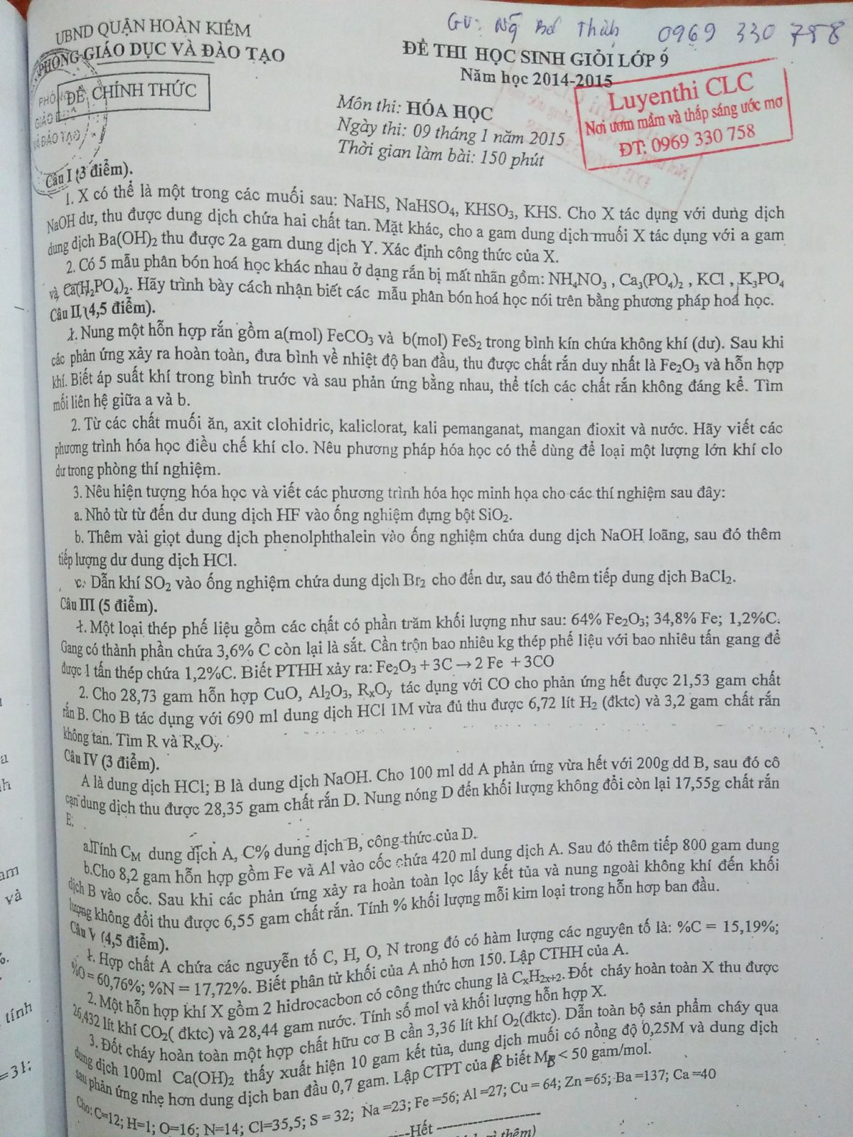 Đề thi HSG lớp 9 m&ocirc;n H&oacute;a Học quận Ho&agrave;n Kiếm năm 2015