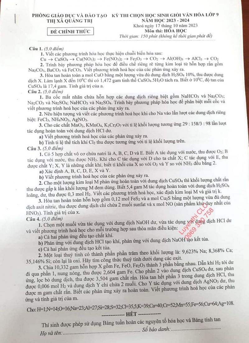 Đề thi chọn HSG môn Hóa Học lớp 9 tại Quảng Trị năm 2023