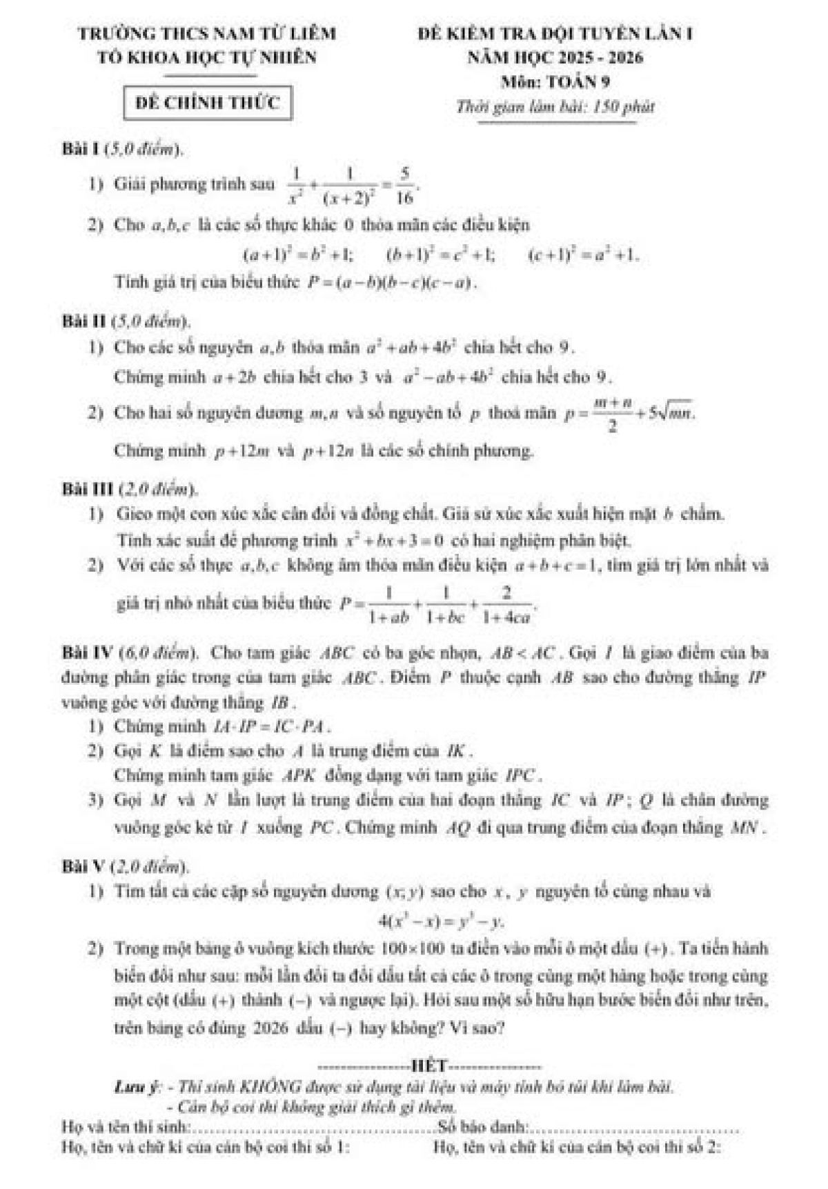 Đề kiểm tra đội tuyển môn Toán 9 - THCS Nam Từ Liêm năm 2025-2026 (có đáp án)