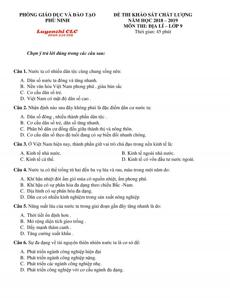 Đề thi KSCL môn Địa Lí lớp 9 huyện Phù Ninh tỉnh Phú Thọ năm 2019