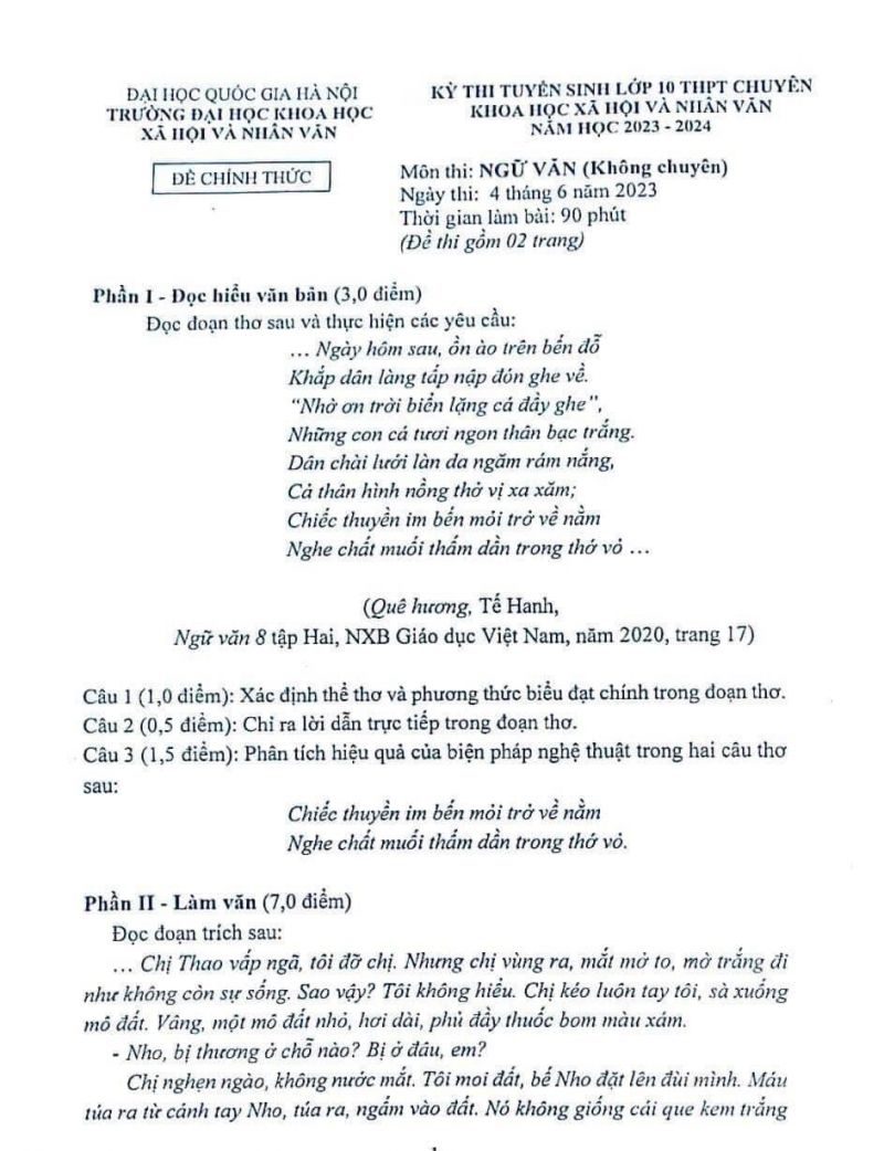 Đề thi tuyển sinh vào lớp 10 môn Ngữ Văn Trường THPT CHUYÊN Khoa học Xã hội và Nhân văn Hà Nội năm 2023