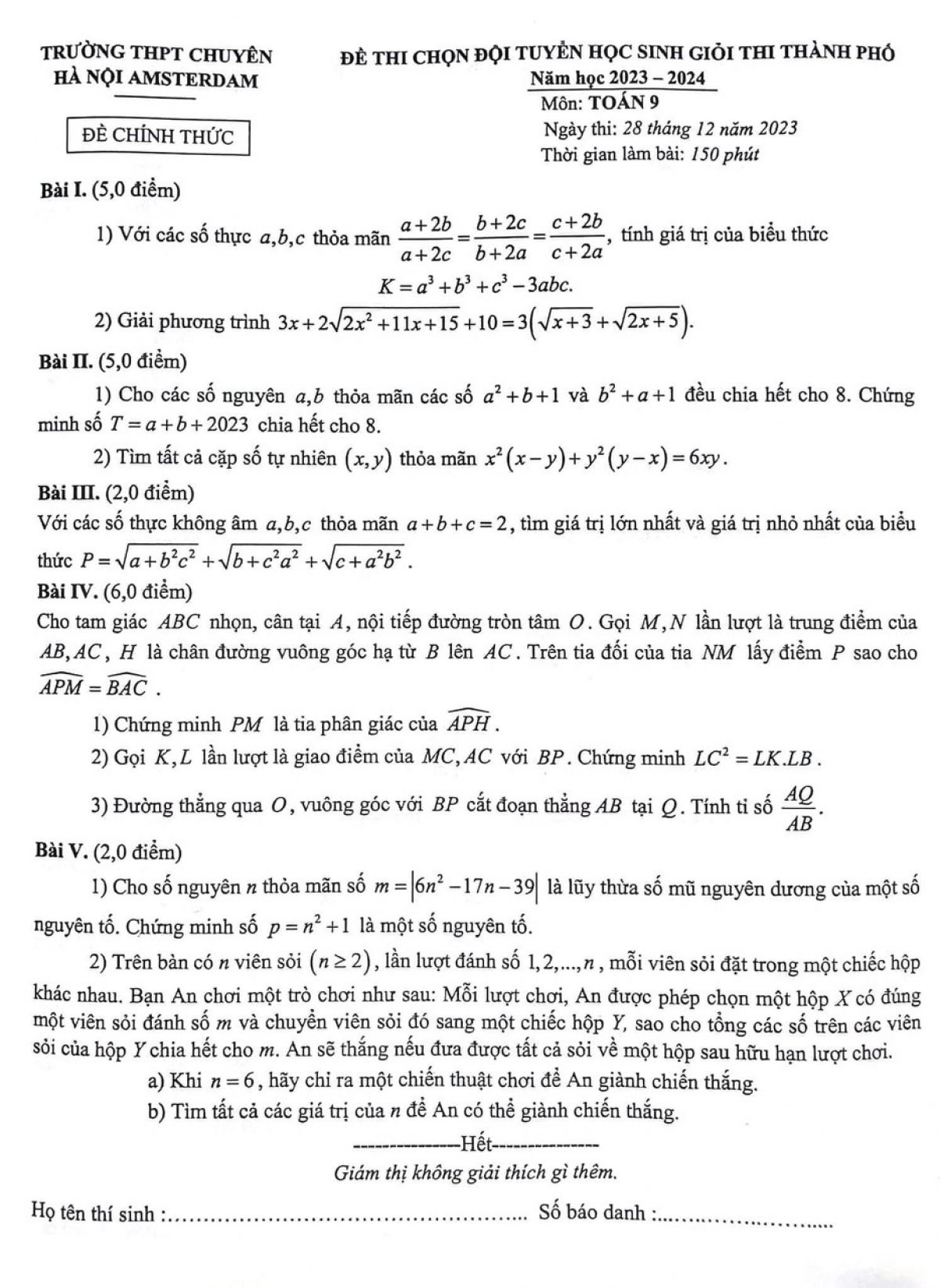 Đề thi chọn đội tuyển HSG m&ocirc;n To&aacute;n lớp 9 Trường THPT Chuy&ecirc;n H&agrave; Nội Amsterdam năm 2023