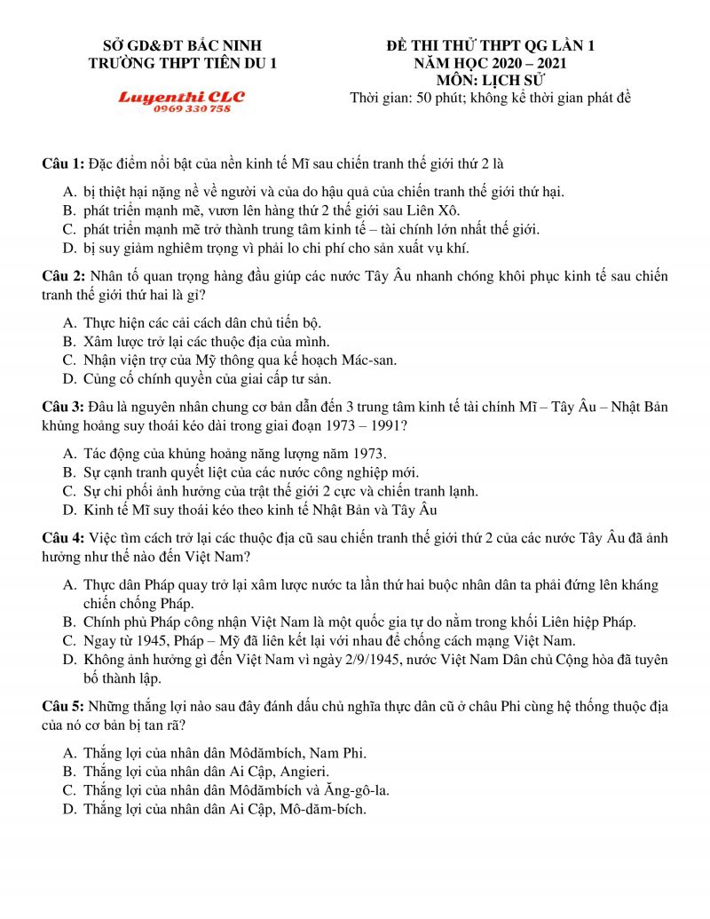 Đề thi thử THPT Quốc Gia m&ocirc;n Lịch Sử lần 1 tỉnh Bắc Ninh năm 2020