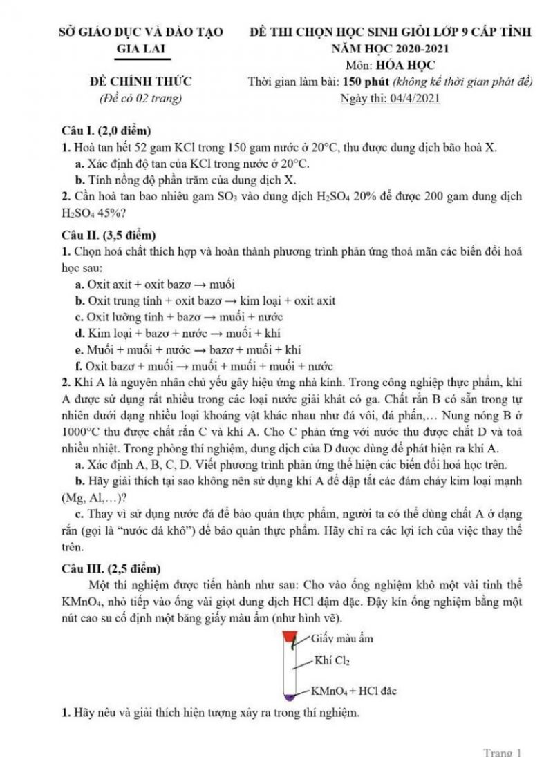 Đề thi chọn HSG môn Hóa Học lớp 9 tỉnh Gia Lai năm 2022