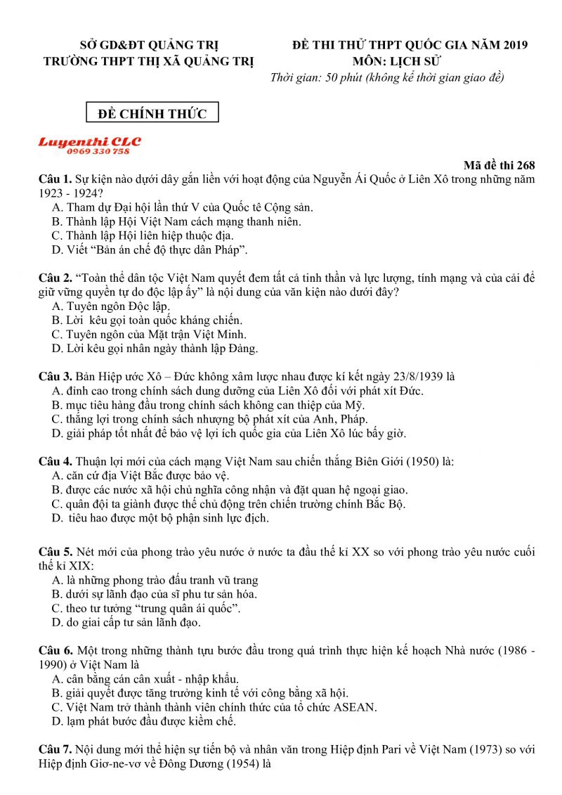 Đề thi thử THPT Quốc Gia - lần 1 môn Lịch Sử Trường THPT Thị xã Quảng Trị, tỉnh Quảng Trị năm 2019