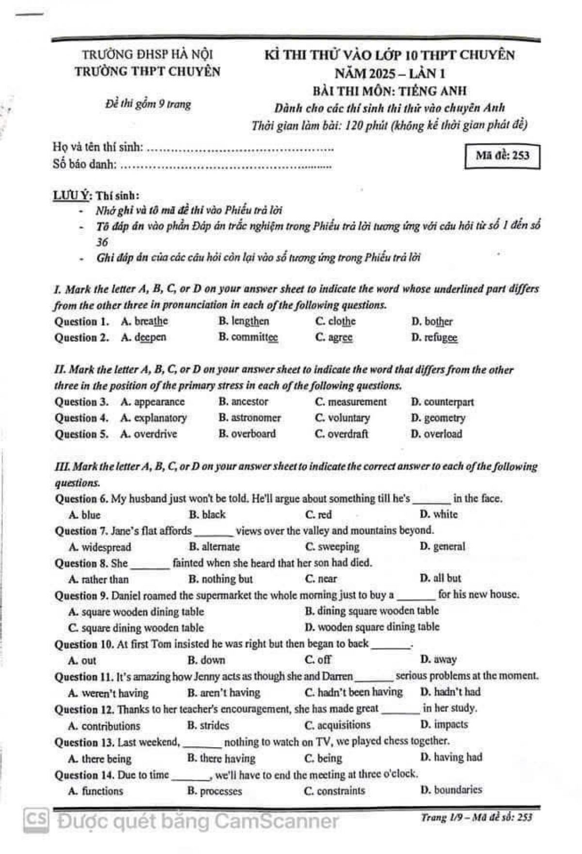 Đề thi thử vào 10- THPT chuyên Sư phạm môn Tiếng Anh năm 2025 lần 1