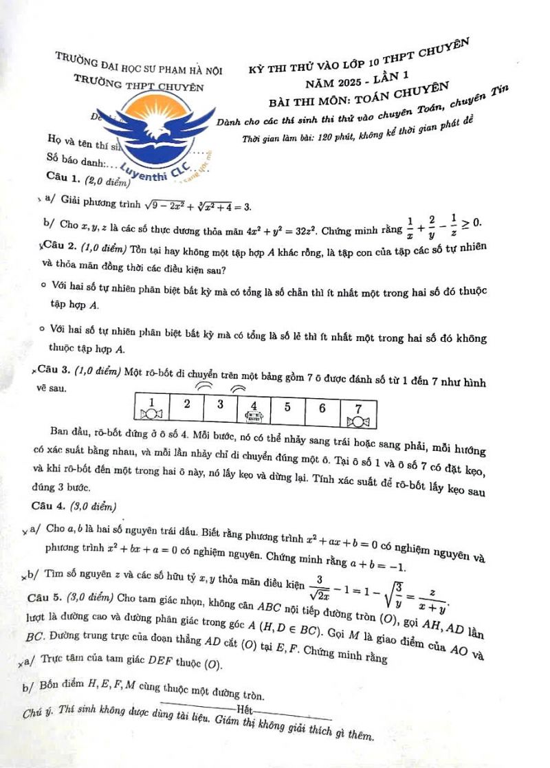 Đề thi thử vào 10 - THPT chuyên Sư phạm môn Toán ( đề chuyên) năm 2025 - lần 1