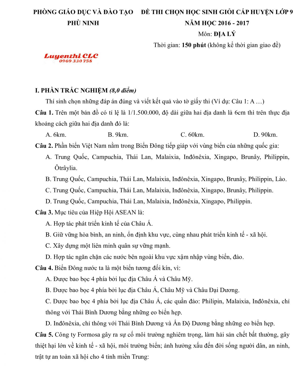 Đề thi chọn HSG cấp huyện lớp 9 v&agrave; đ&aacute;p &aacute;n m&ocirc;n Địa L&iacute; huyện Ph&ugrave; Ninh tỉnh Ph&uacute; Thọ năm 2016