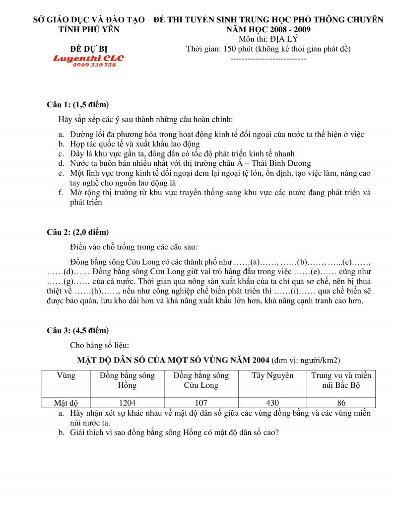 Đề thi tuyển sinh THPT CHUYÊN môn Địa Lý tỉnh Phú Yên năm 2009 ( Đề dự bị )