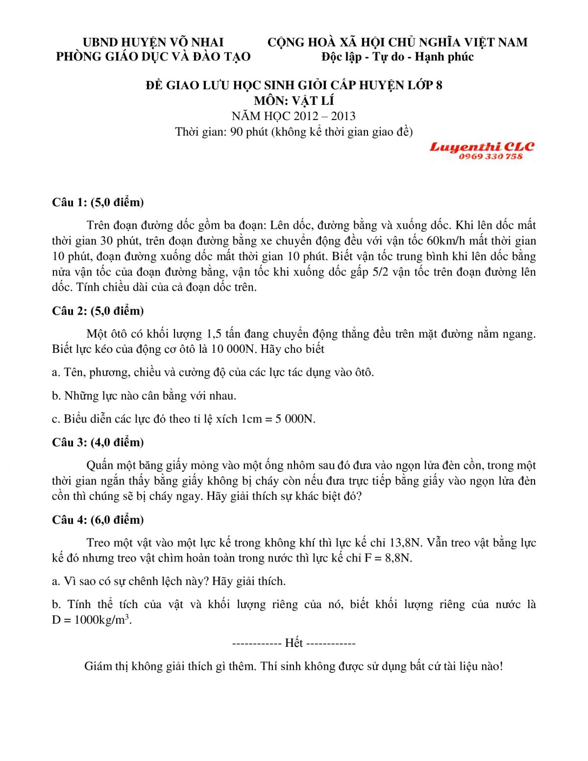 Đề thi chọn HSG m&ocirc;n Vật l&iacute; tỉnh Th&aacute;i Nguy&ecirc;n năm 2013