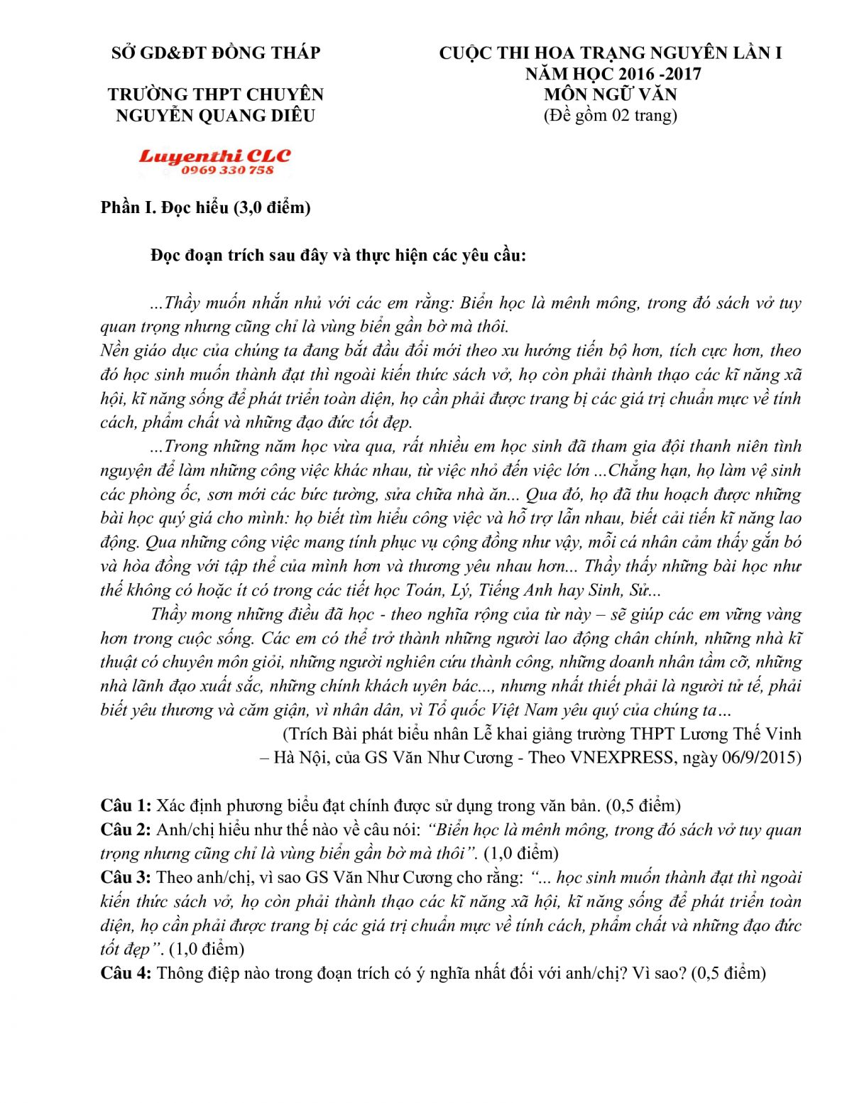 Đề thi trạng nguyên lần 1 môn Ngữ Văn Trường THPPT Chuyên Nguyễn Quang Diệu tỉnh Đồng Tháp năm 2016