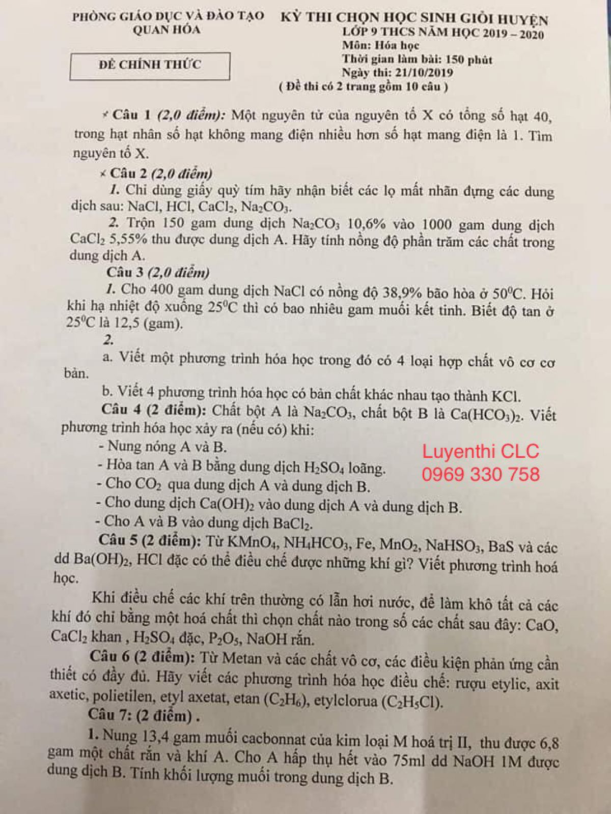 Đề thi chọn HSG cấp huyện lớp 9 THCS môn Hóa Học tại Quan Hoa năm 2019