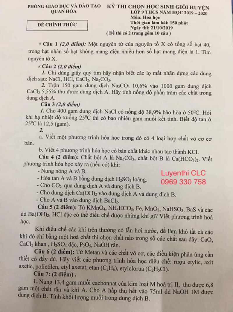Đề thi chọn HSG cấp huyện lớp 9 THCS môn Hóa Học tại Quan Hoa năm 2019